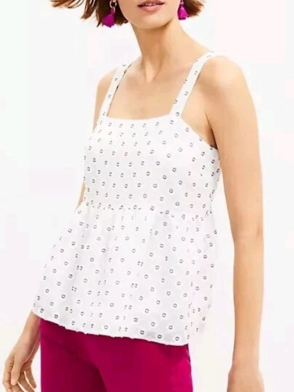 Loft Capi Peplum Top Babydoll White And Blue Clip Dot Size 6 Sleeveless